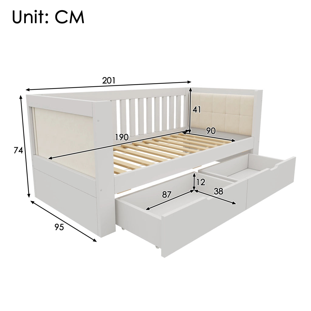 DESMIU Divano letto 90 × 190 cm 1 piazza con 2 cassetti, senza materasso, in legno, bianco