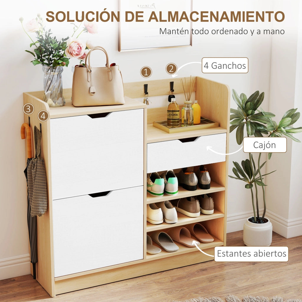 Scarpiera con cassetti e appendiabiti ¨C zephmum ¨C bianco e naturale, 4 ganci per 14 paia di scarpe