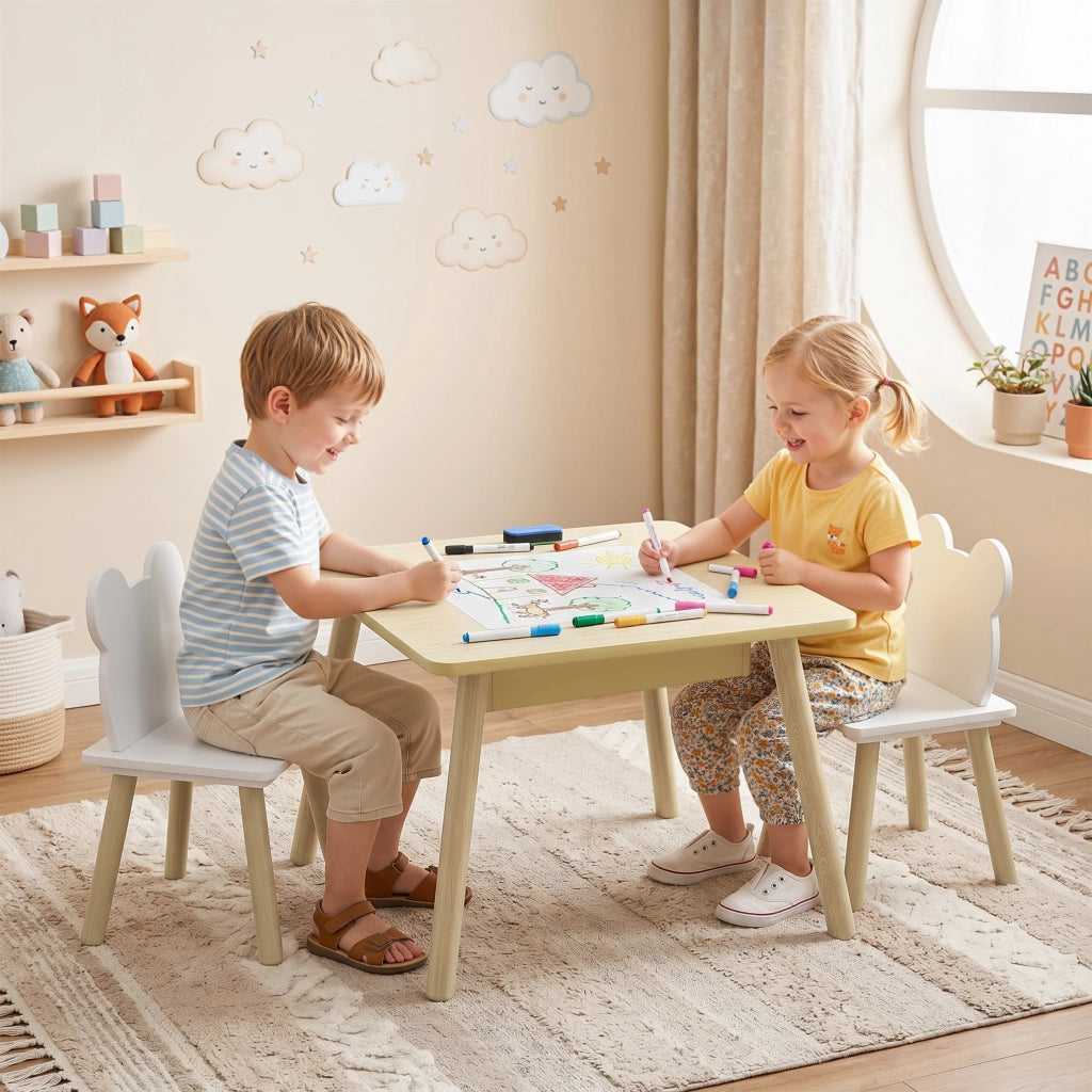 Tavolo da pranzo per bambini con 2 sedie e lavagna ¨C zephmum ¨C bianco e naturale 60x60x44 cm
