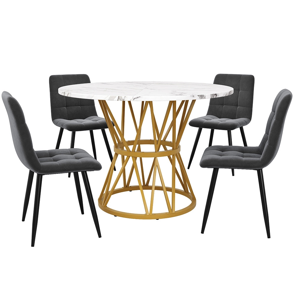 Set tavolo-Xylo-100cm rotondo 4 sedie grigio piedi metallo piano marmorizzato
