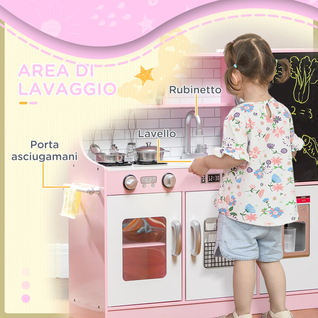 Cucina Giocattolo in Legno per Bambini 3-8 Anni con Fornelli. Microonde. Lavandino. e Accessori. Rosa
