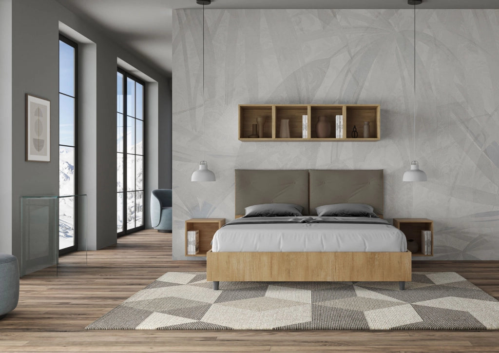 BS COM Letto matrimoniale contenitore 160x190 Quercia cuscini similpelle cappuccino