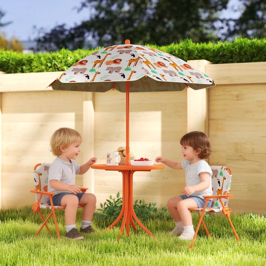 Set giardino bambini ¨C zephmum ¨C tavolo con 2 sedie pieghevoli e ombrellone, motivo animali, arancione