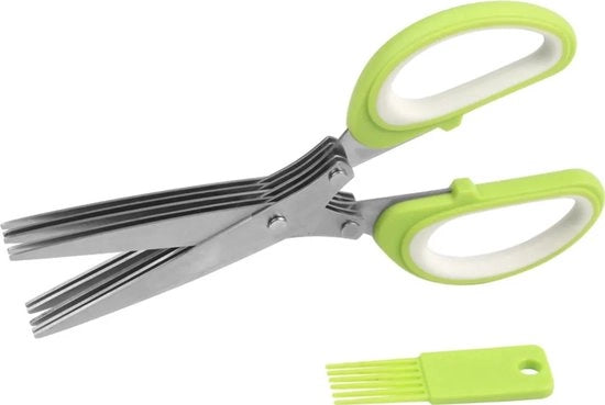 Serra per erbe con 5 lame in acciaio inox | Serra multifunzione con spazzola per pulizia | Serra universale per cucina con 5 lame in acciaio inox | Serra per erbe | Serra per verdure | Serra per bietole [Colore: Verde]