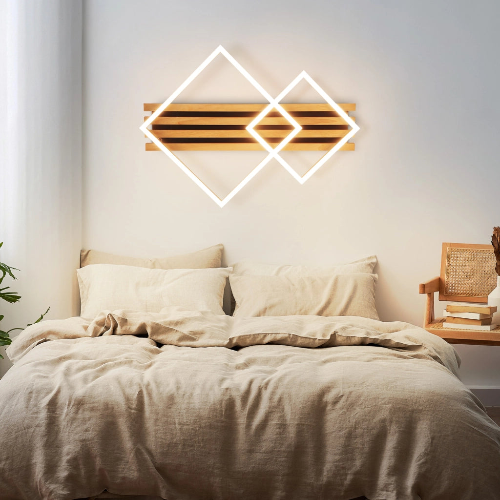 ZMH Lampada da soffitto LED in legno dimmerabile 55 cm 36W design geometrico quadrato con telecomando per camera letto