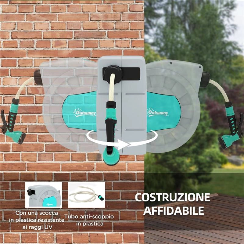 AVVOLGITUBO AUTOMATICO A PARETE E PORTATILE LUNGHEZZA 25+2 MT SISTEMA DI BLOCCO E 7 GETTI GRIGIO