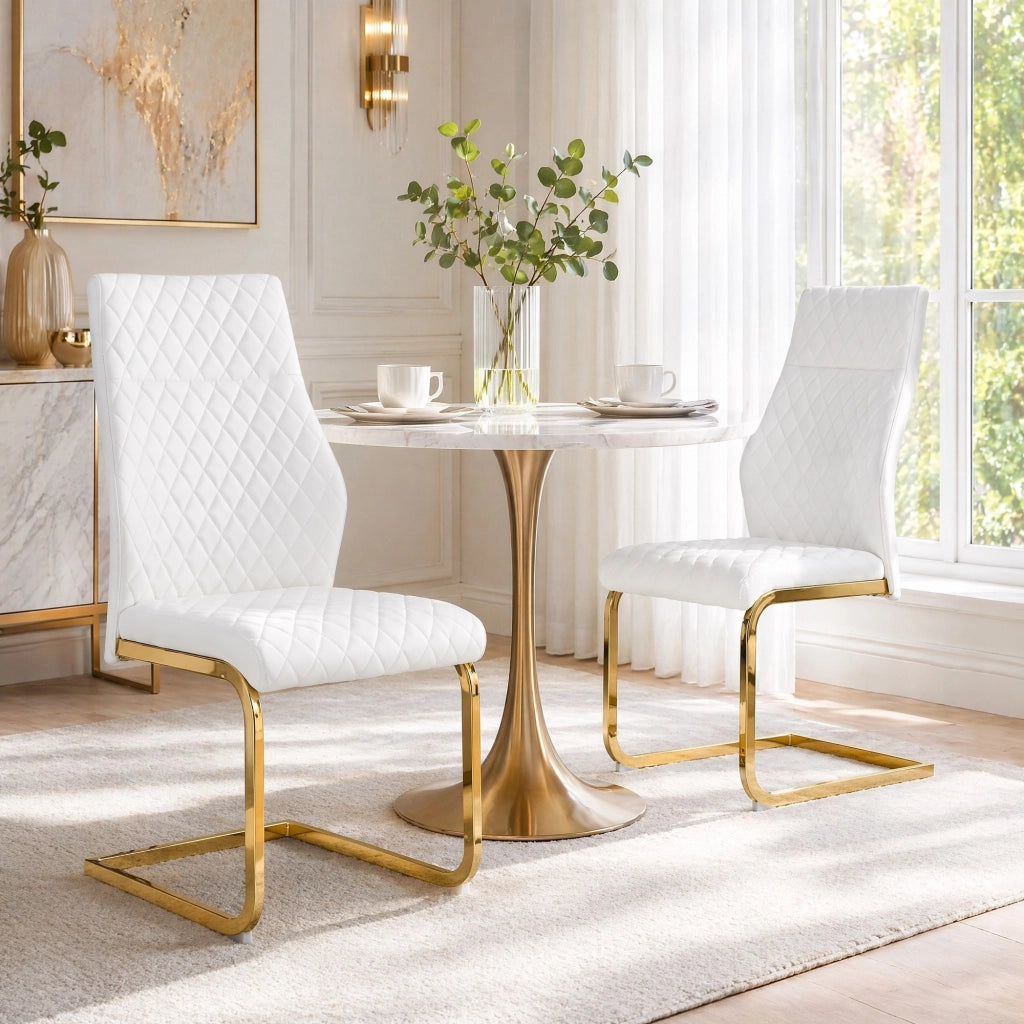 Sedia da Pranzo Set da 2 con Schienale Alto Ergonomico e Seduta Imbottita in PU Bianco e Metallo Dorato