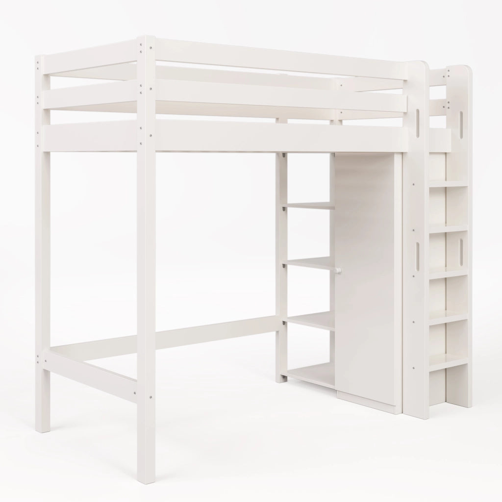 Letto a soppalco per bambini 90x200 cm con armadio e 6 ripiani, bianco