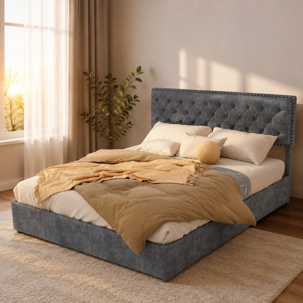DESMIU Letto contenitore 160 × 200 cm 2 posti con spazio sotto il letto, senza materasso, in tessuto e metallo, grigio
