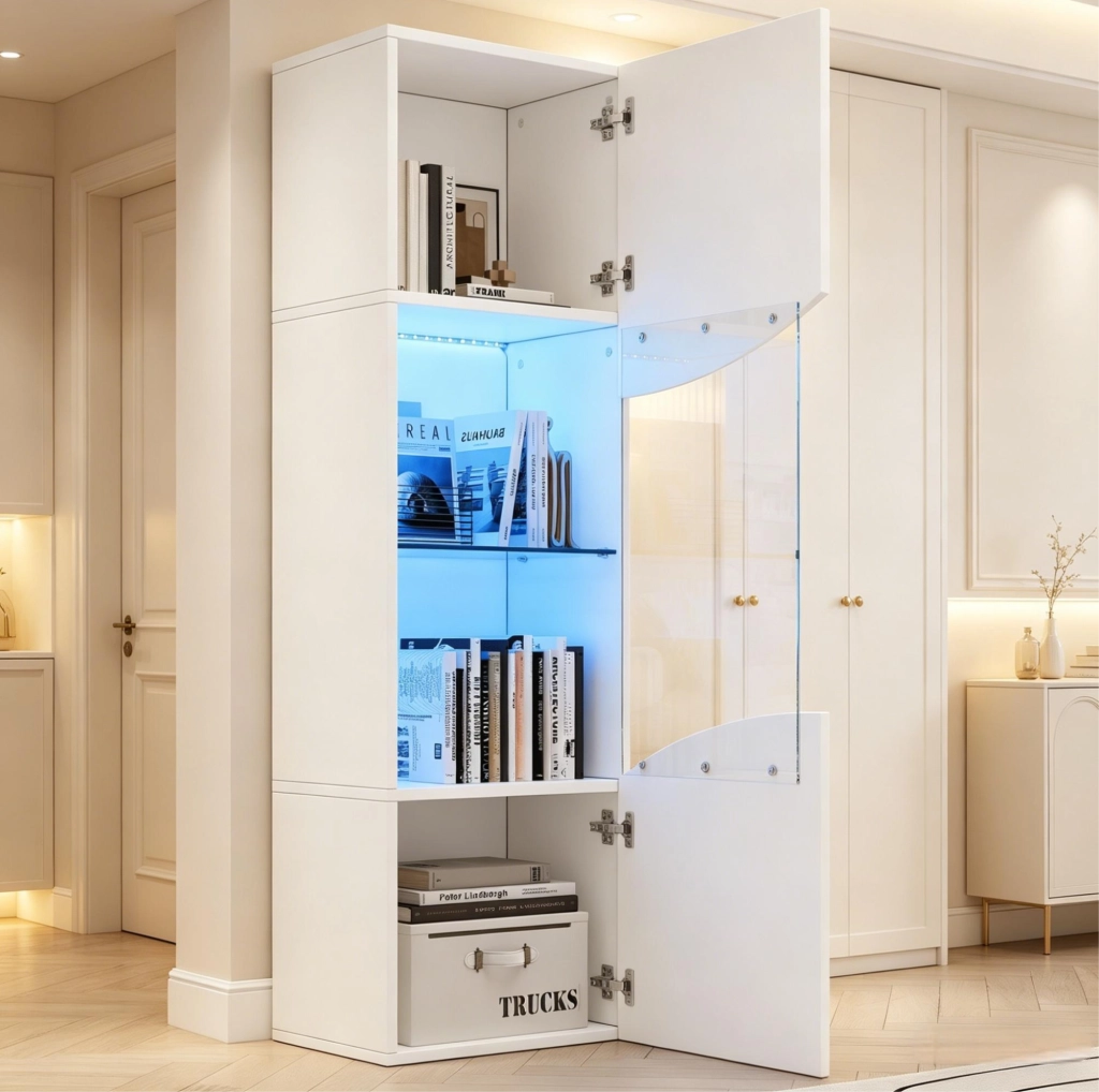 Vetrina 35x50x165 cm con illuminazione LED e 4 ripiani in legno e vetro bianco