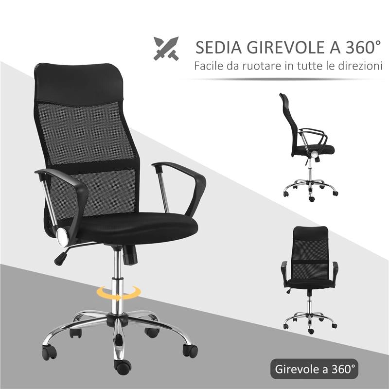 SEDIA ERGONOMICA DA UFFICIO GIREVOLE E DONDOLO CON RUOTE ALTEZZA REGOLABILE E SCHIENALE A RETE 63X65X109-119 CM NERO