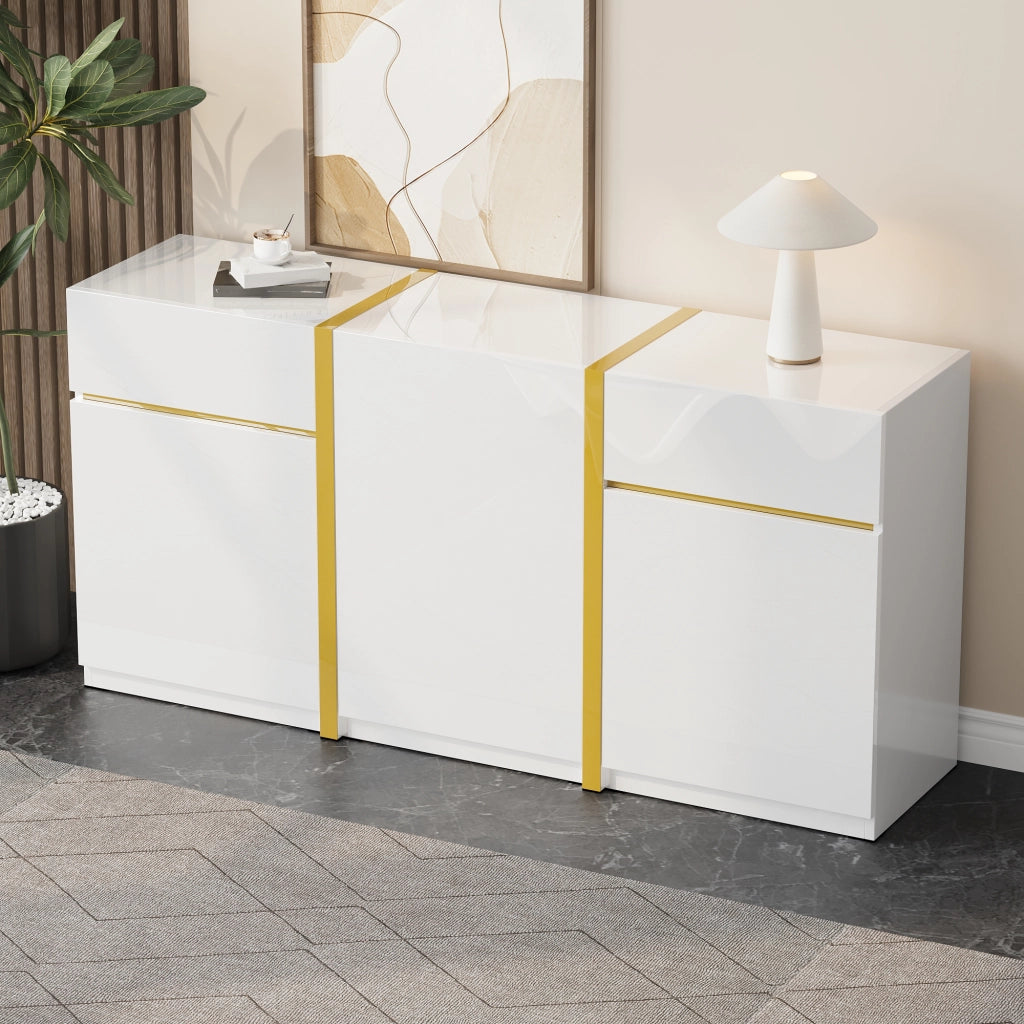 Credenza lucida, 3 ante e 2 cassetti, mobile da ingresso, finiture dorate, bianco