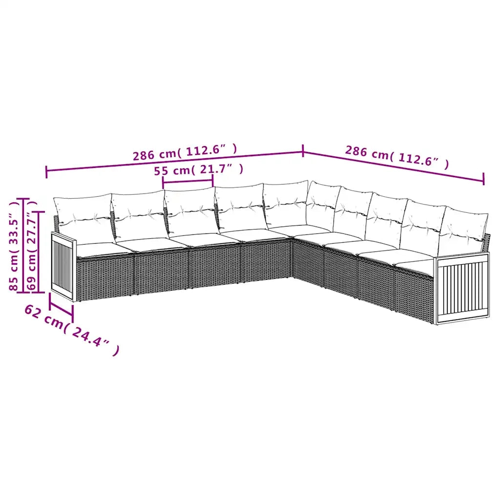 Set Divani da Giardino 9 pz con Cuscini Nero in Polyrattan 3227737