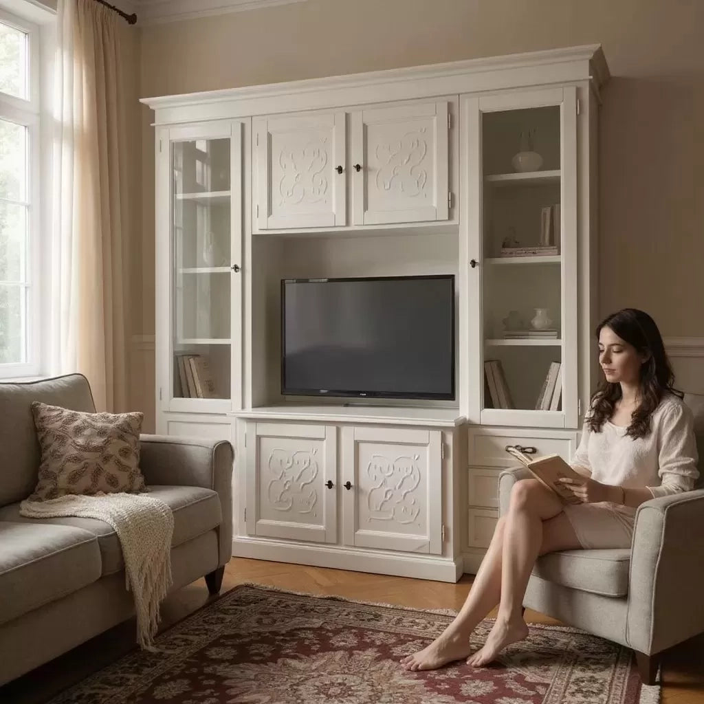 Parete attrezzata porta tv shabby legno bianco anticato con rilievo 250x53x225 - Mobili 2G