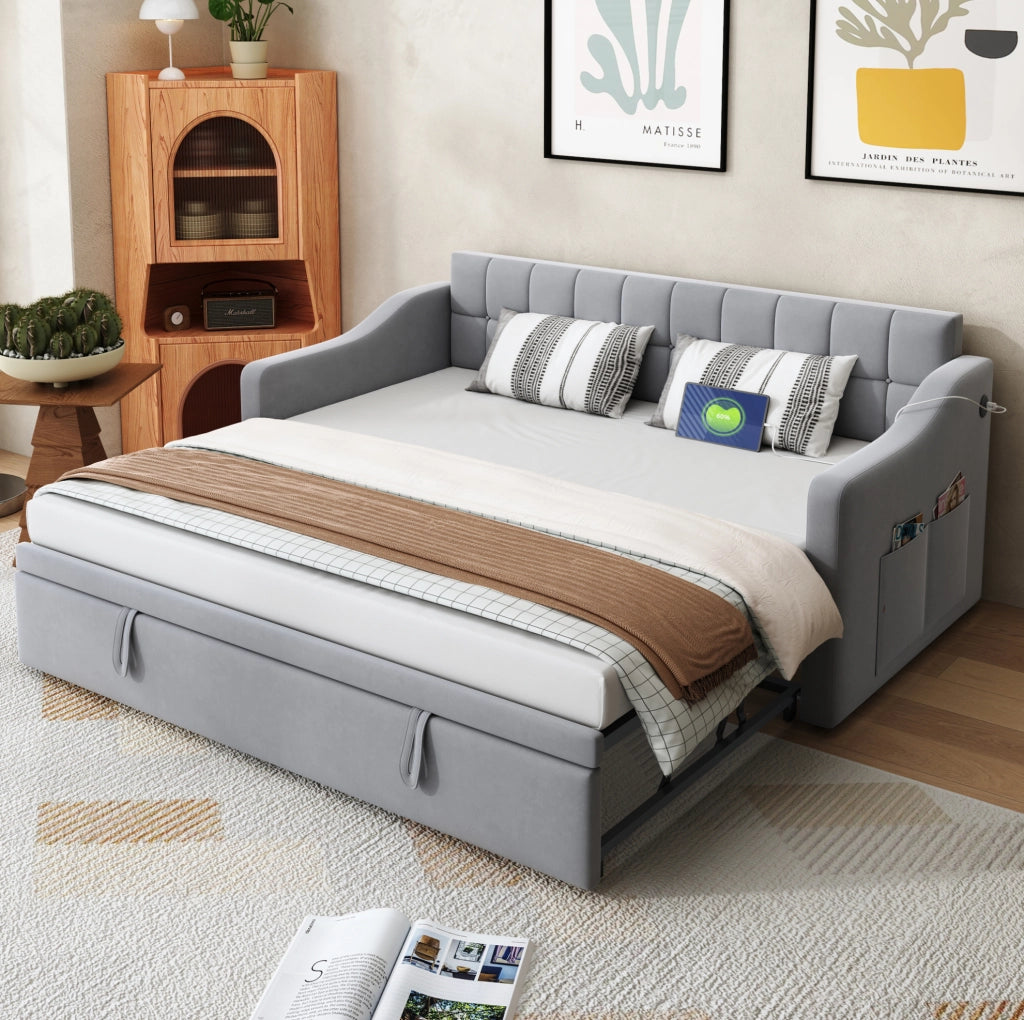 Letto imbottito 90x190 cm estraibile in velluto grigio chiaro