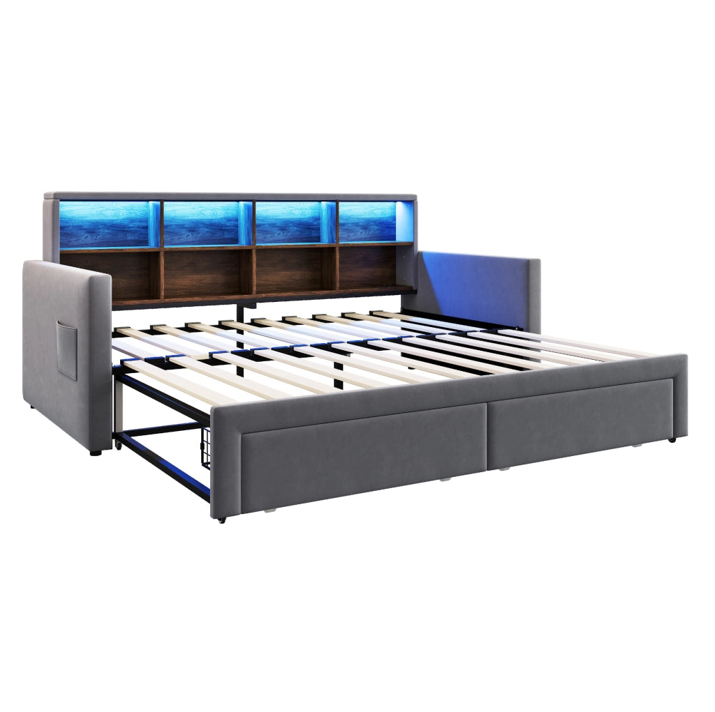 Letto imbottito estraibile 90x190 cm con contenitori, LED e prese