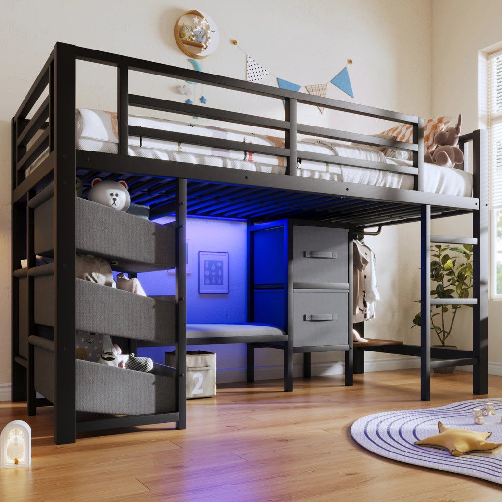 LETTO a metà altezza 90x200 cm Metallo Nero con cuscino, LED e vani portaoggetti