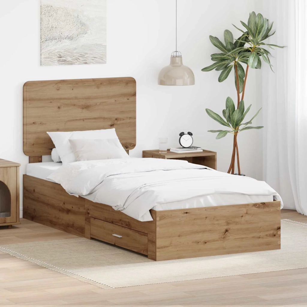 Letto singolo | Letto per adulti | Struttura del letto con testiera Rovere artigianale 90 x 200 cm