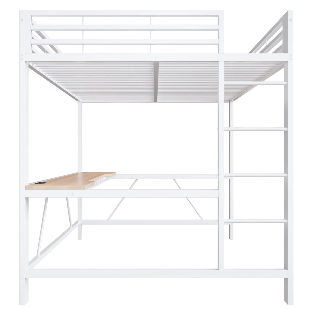 DESMIU Letto a soppalco 160 × 200 cm 2 posti con scrivania, LED e ripiani, senza materasso, in metallo, bianco