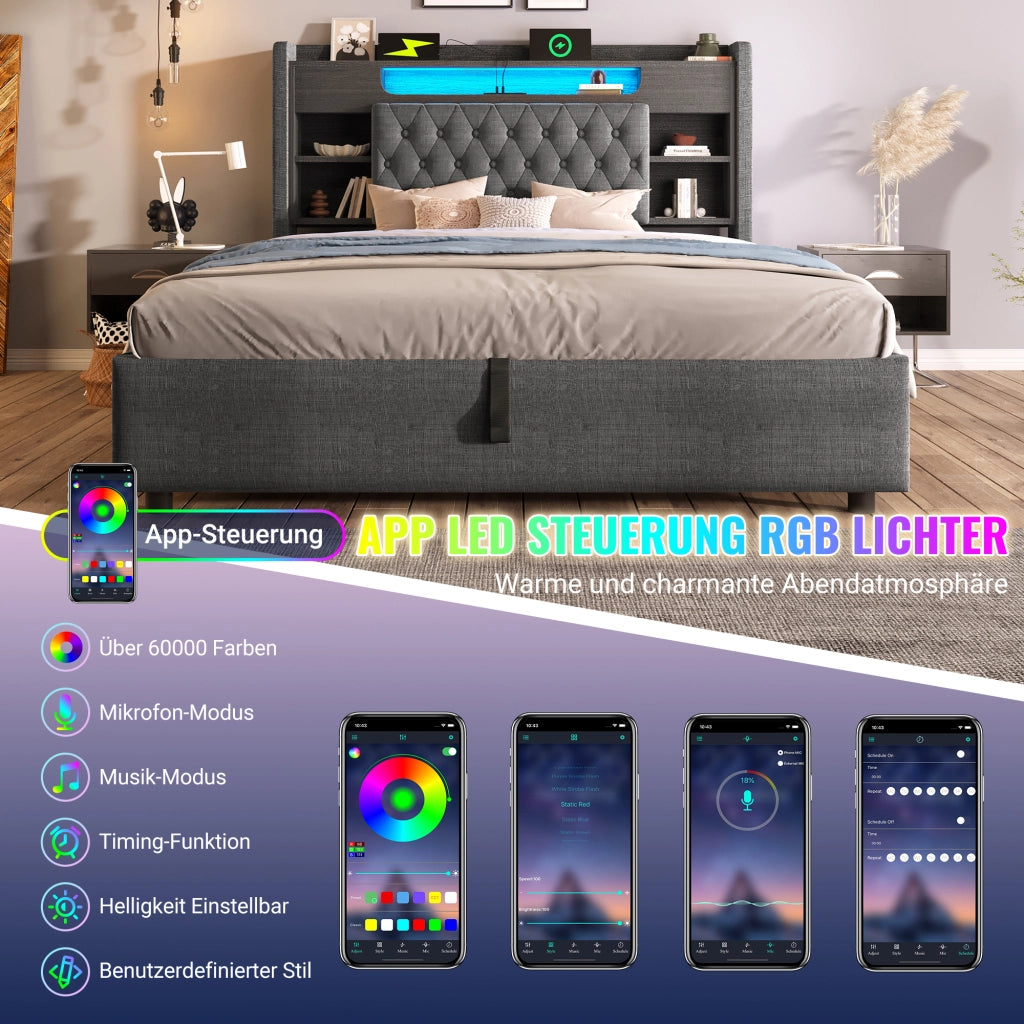 LETTO Contenitore 90x200 cm in lino grigio con LED e USB