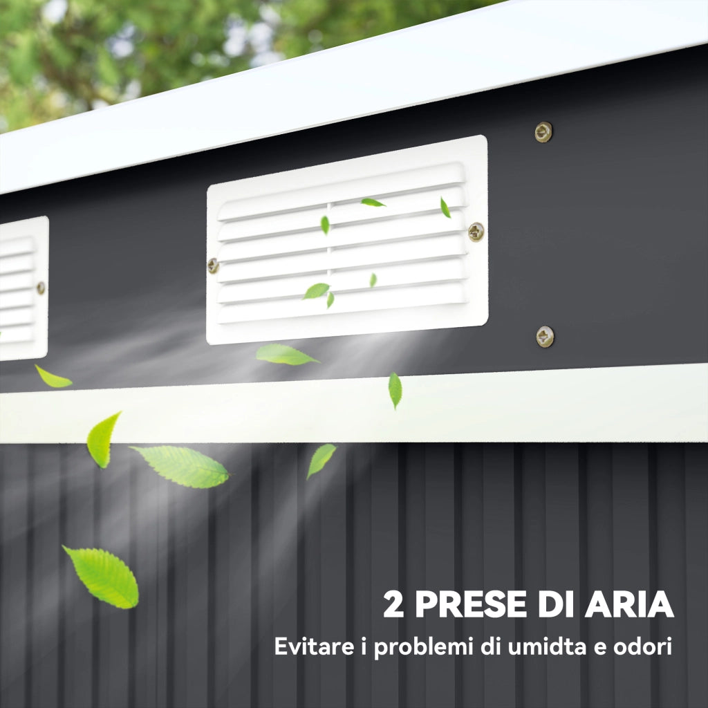 Capanno Attrezzi con Tetto Inclinato 213x130x172 cm 2 Ingressi e Prese d'Aria in Acciaio Grigio Scuro