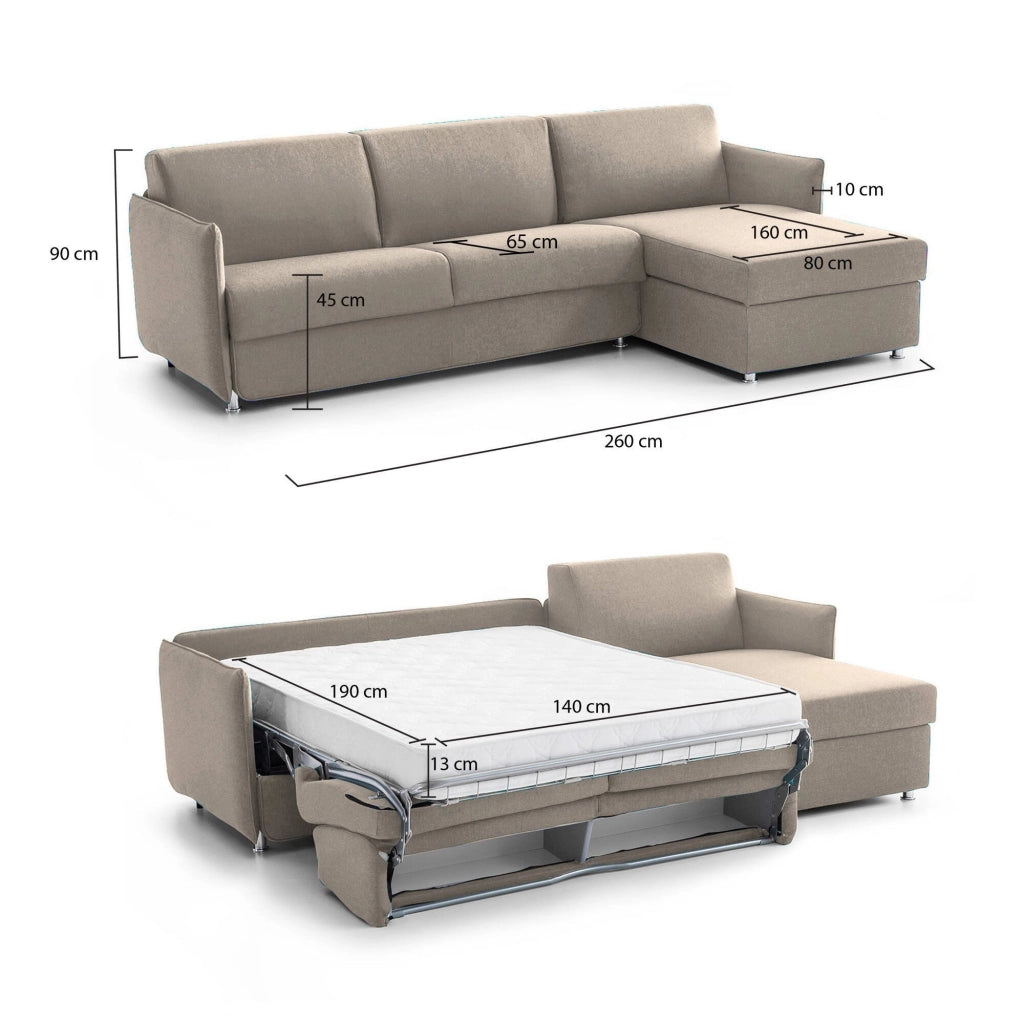 Scordia, Divano Letto con Penisola Sfoderabile Made in Italy, 260x160 cm Grigio Tortora