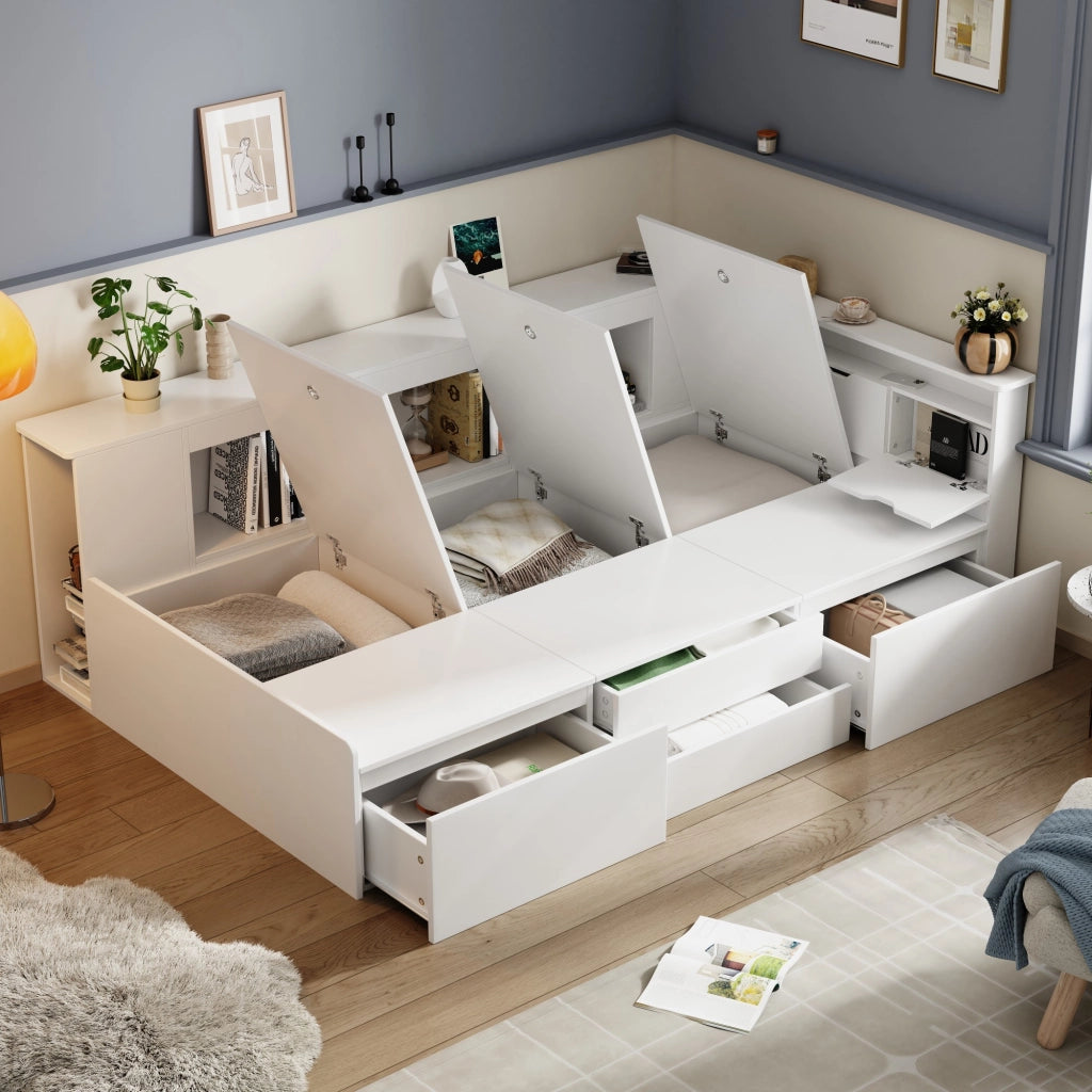 OKWISH Letto Bambino 90×200 cm, Letto Singolo con 4 Cassetti, Libreria e Armadietti Contenitore, senza Materasso, in MDF, Bianco