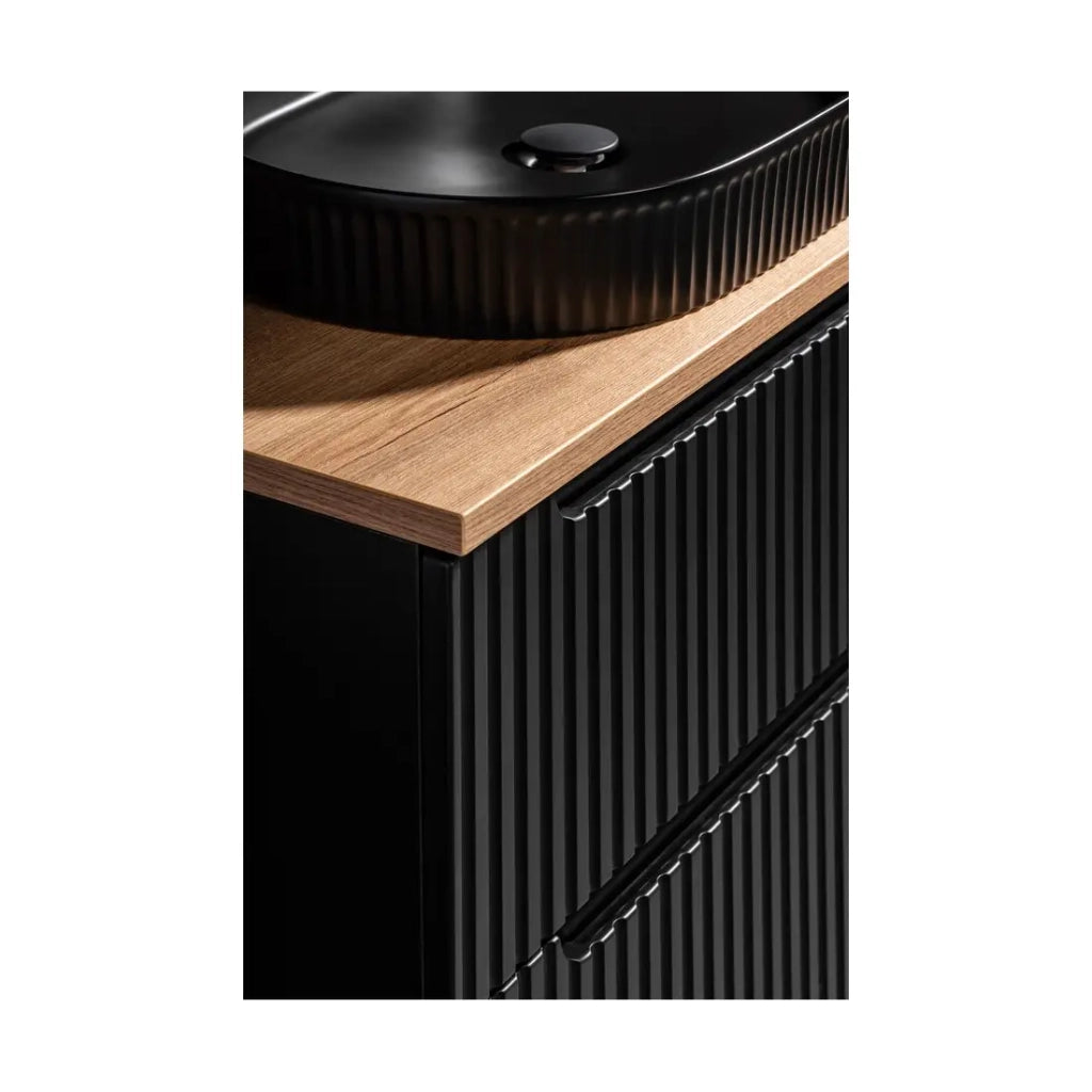 Set da bagno VANO 60cm: mobile sottolavabo con cassetti scanalati verticalmente + piano per lavabo effetto rovere