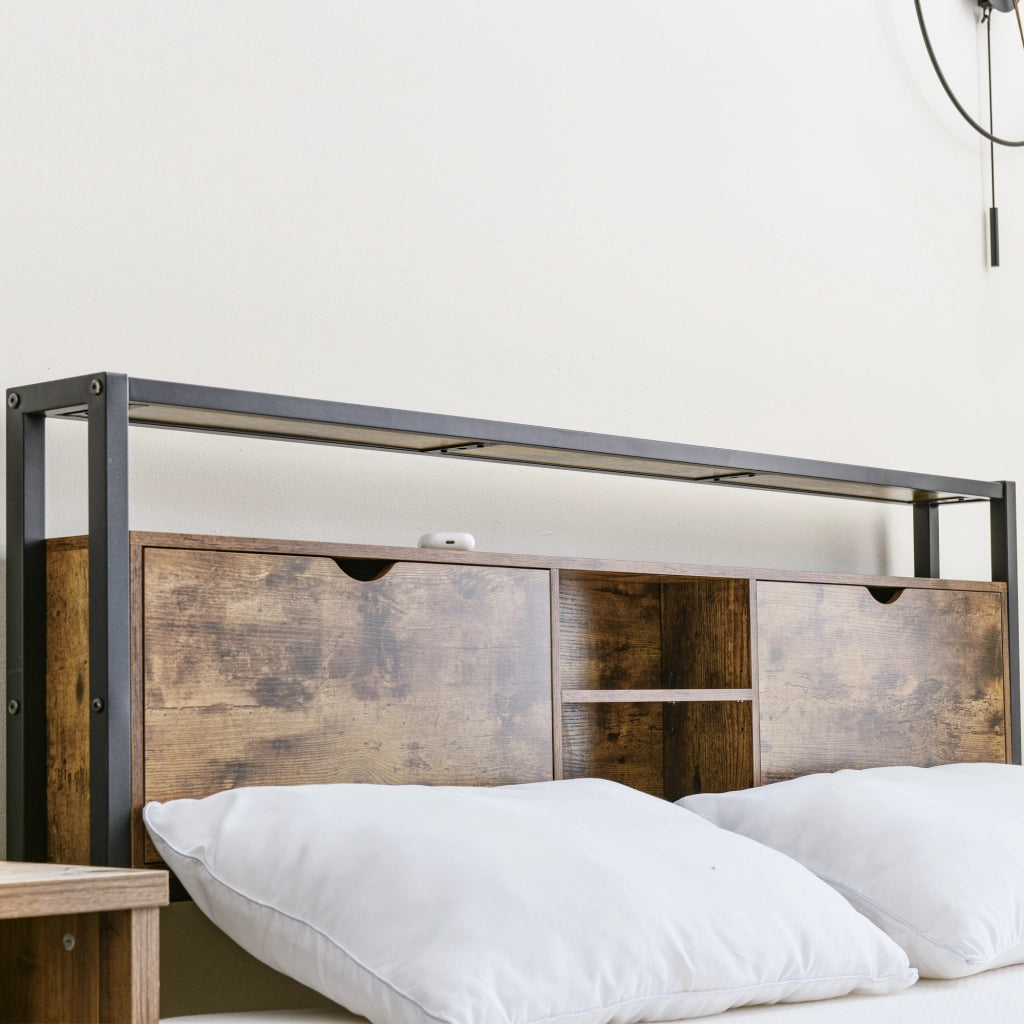 DESMIU Letto matrimoniale 140 × 200 cm con testiera portaoggetti, struttura in metallo e legno, senza materasso, naturale