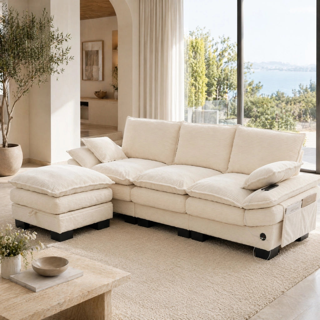 Divano modulare a 3 posti in corduroy con 1 pouf, USB-C, tasche laterali, beige