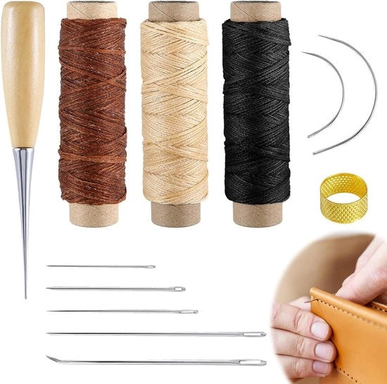 Set di ago per pelli - 12 ago curvi con punta e filo verniciato - attrezzi per la riparazione di pelli e tela - bordatura su cuoio - libri di cucito - progetti artigianali.
