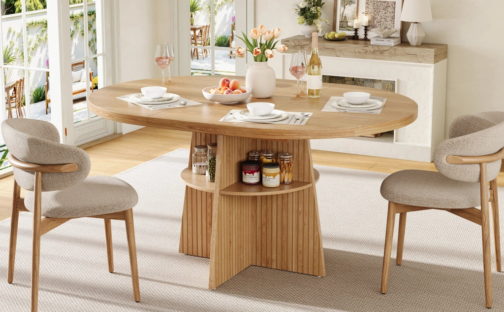 Tavolo da pranzo rotondo allungabile 110-150x110x77,5 cm, design moderno effetto legno naturale