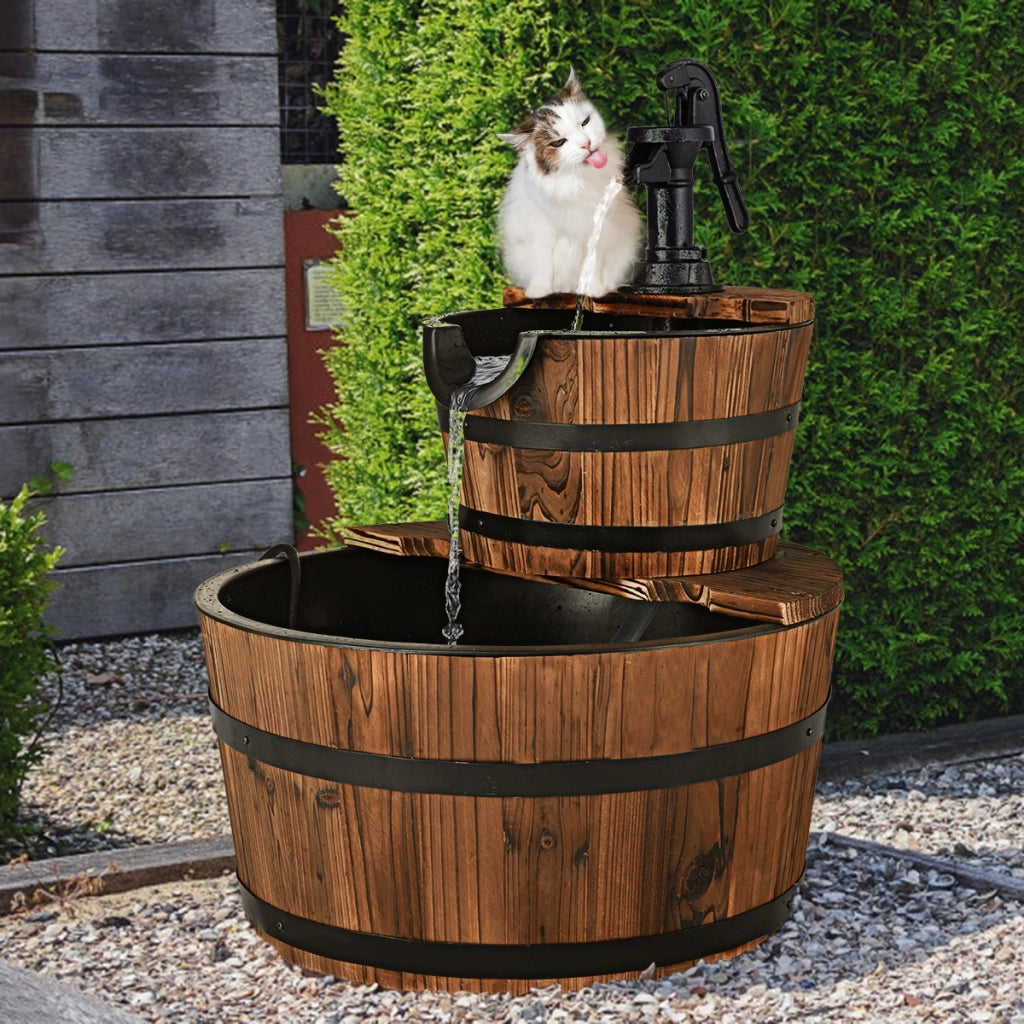 Fontana in legno di abete con 2 livelli e pompa, Flusso dell¡¯acqua regolabile per decorazione-Decorazioni da giardino