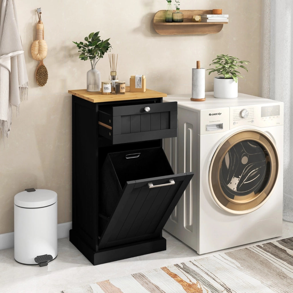 Mobiletto per lavanderia con cesto, Cesto per biancheria a ribalta autoportante con cassetto 40x37x82cm Nero-Cesti del bucato