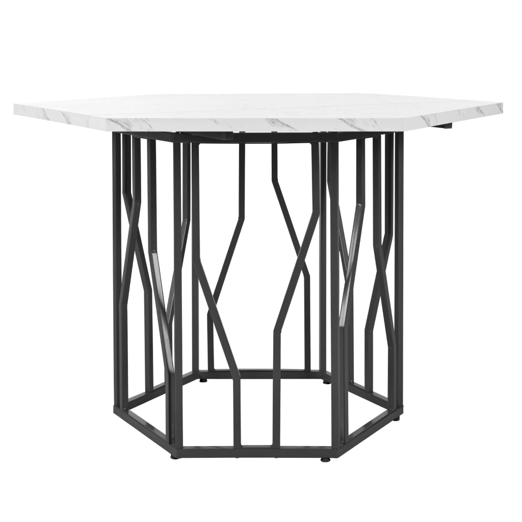 Tavolo da pranzo moderno esagonale con piano effetto marmo e base in metallo nero