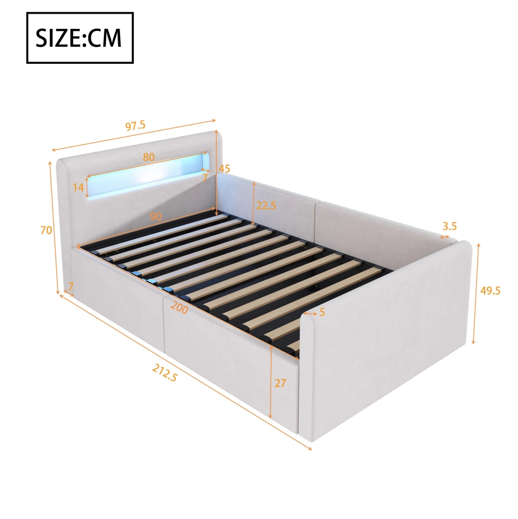 Letto imbottito per bambini 90x200 cm con LED, USB e vano contenitore