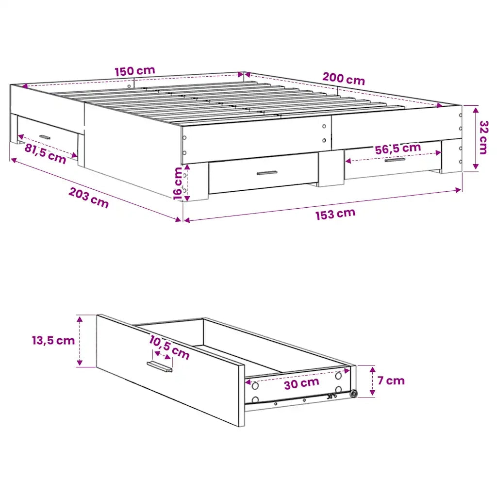 Giroletto con Cassetti Rovere Fumo 150x200 cm Legno Multistrato 3280381