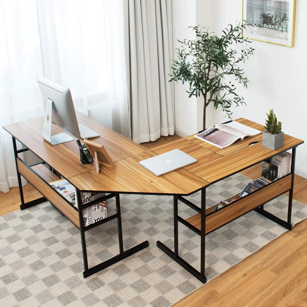 Scrivania Angolare 170 CM, Scrivania per Computer ad Angolo Moderna con Piano Inclinabile, Scaffale Inferiore e Supporto per CPU, Scrivania a Forma di L per Ufficio e Studio (Noce)