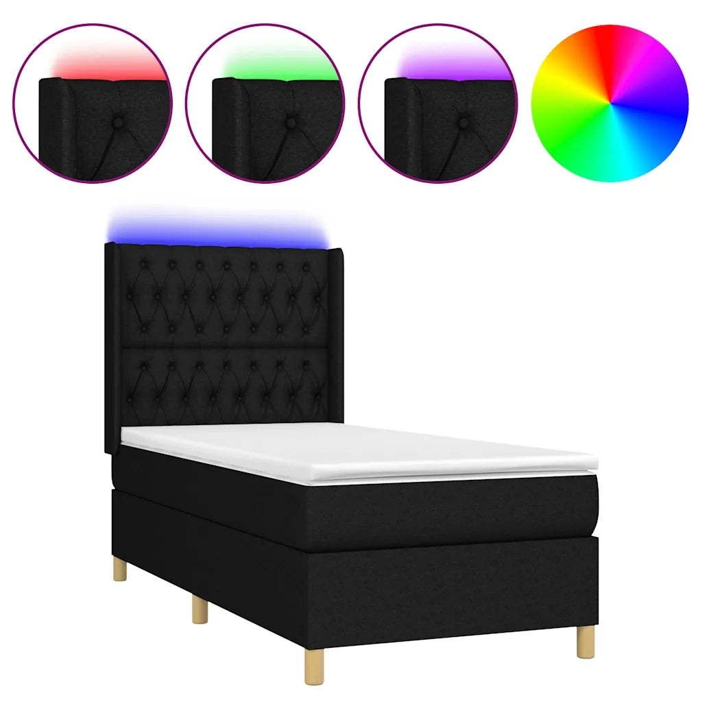 Letto singolo | Letto per adulti | Letto a Molle con Materasso e LED Nero 80x200 cm in Tessuto