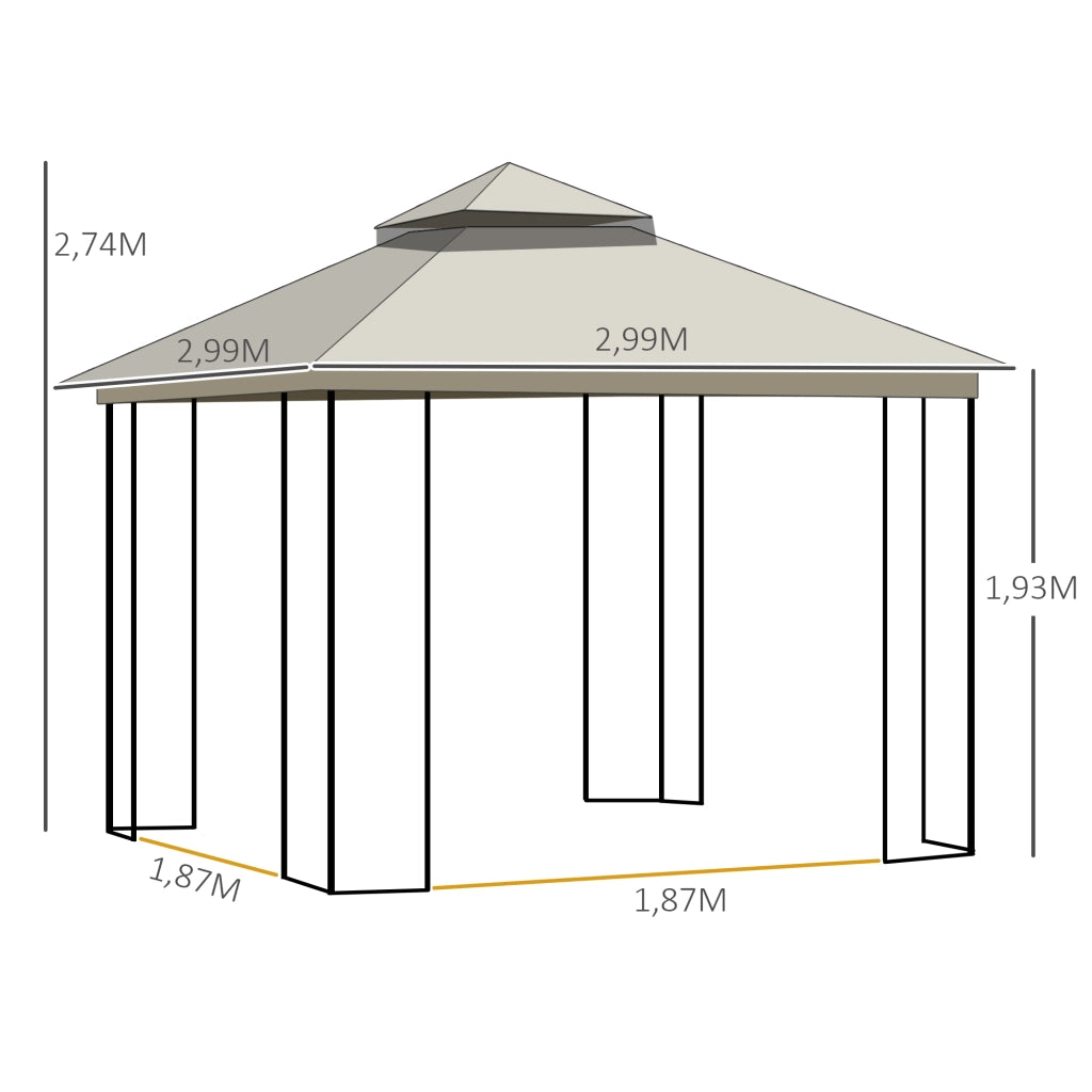 Gazebo da giardino con doppio tetto e 4 pareti laterali ¨C zephmum ¨C metallo e poliestere beige 299x299x274 cm