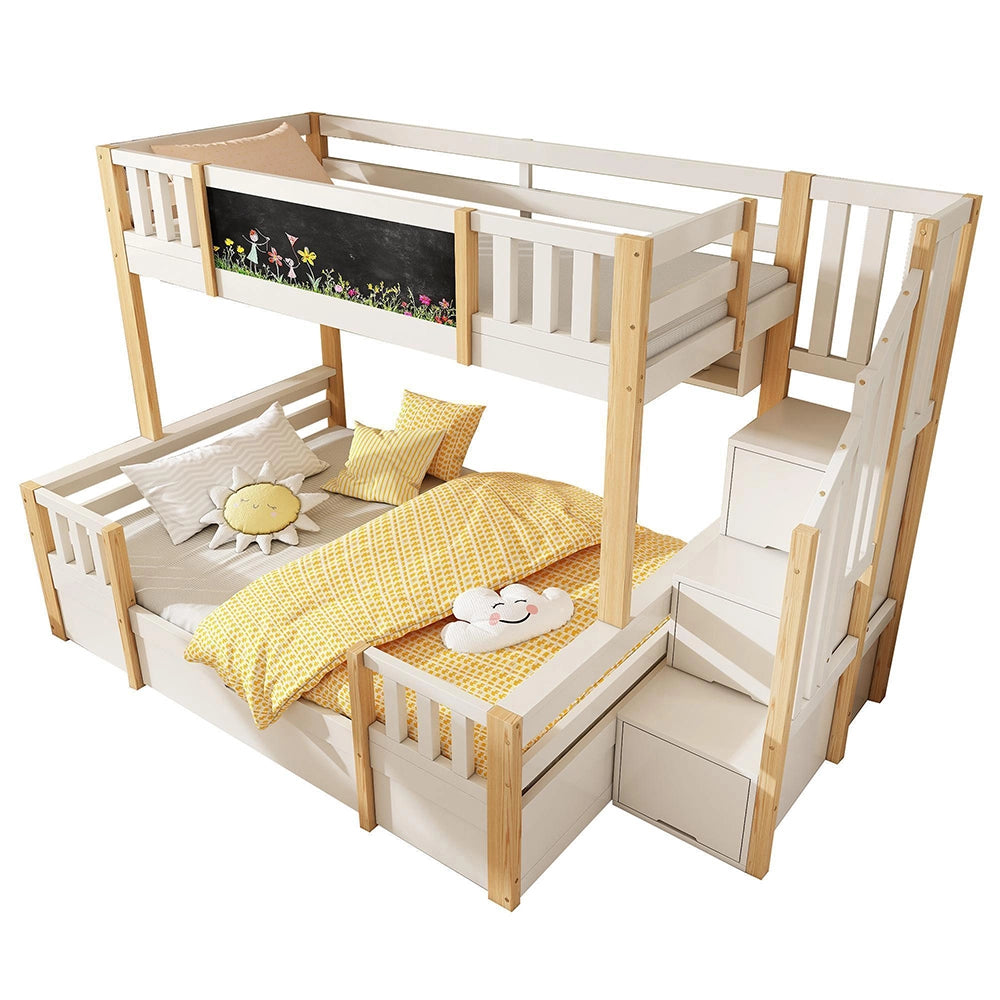 Letto a castello-Xylo-90+140x200cm lavagna scala con ripiano 2 cassetti armadio legno massiccio bianco naturale