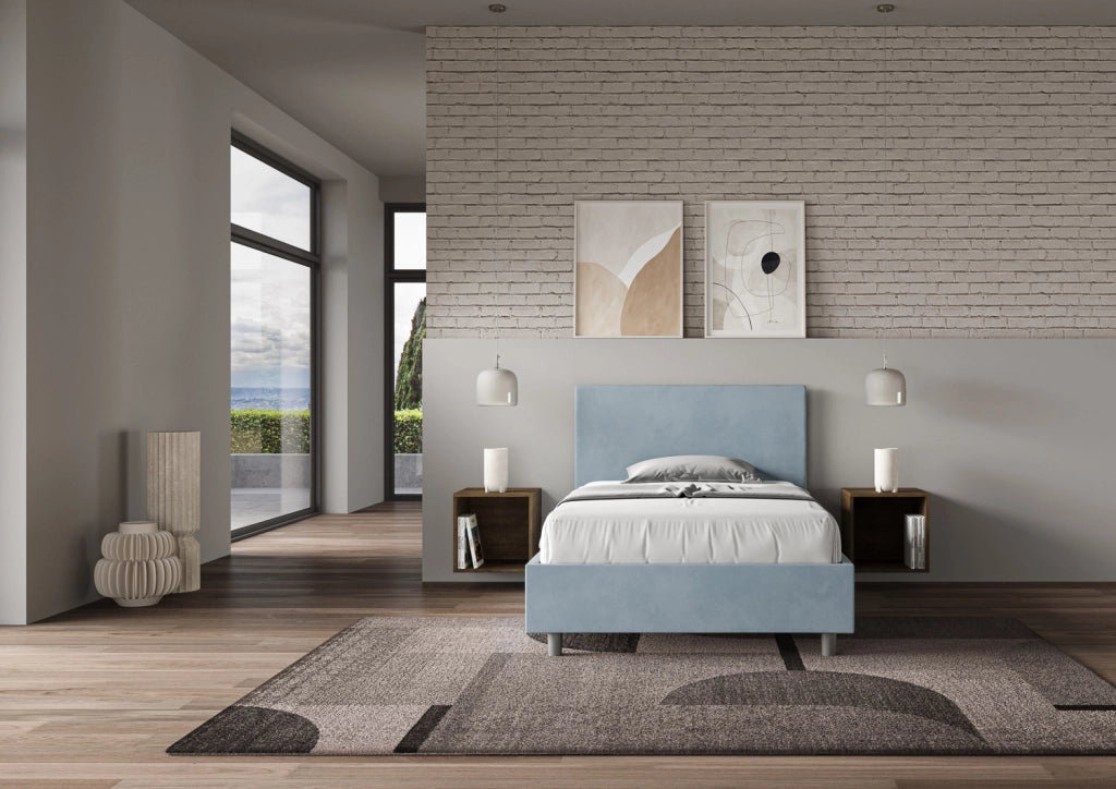 BS COM Letto una piazza e mezza con rete imbottito 110x210 microfibra azzurro