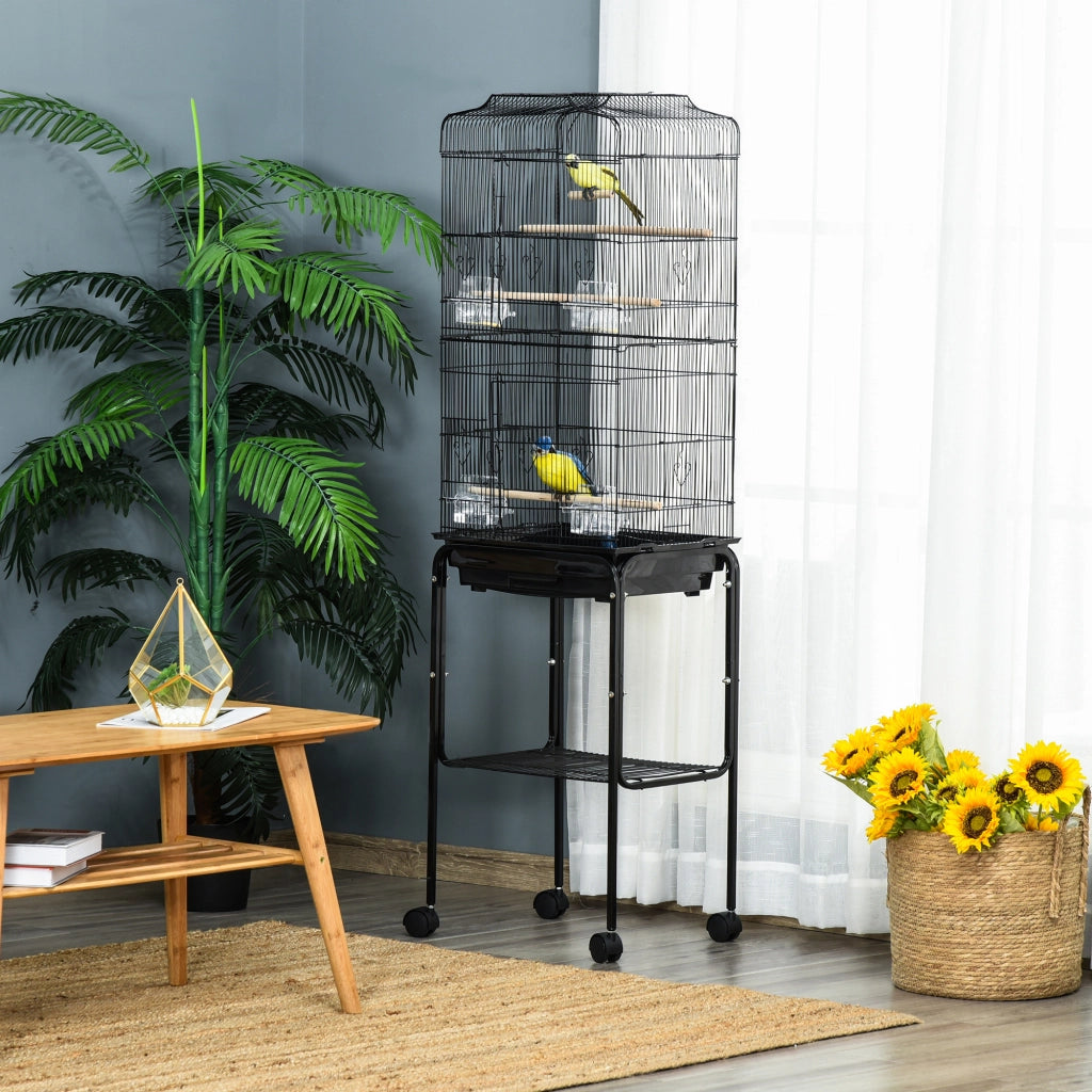Gabbia per uccelli voliera con ruote tetto apribile 3 posatoi ¨C zephmum ¨C nero 46.5x36x157cm