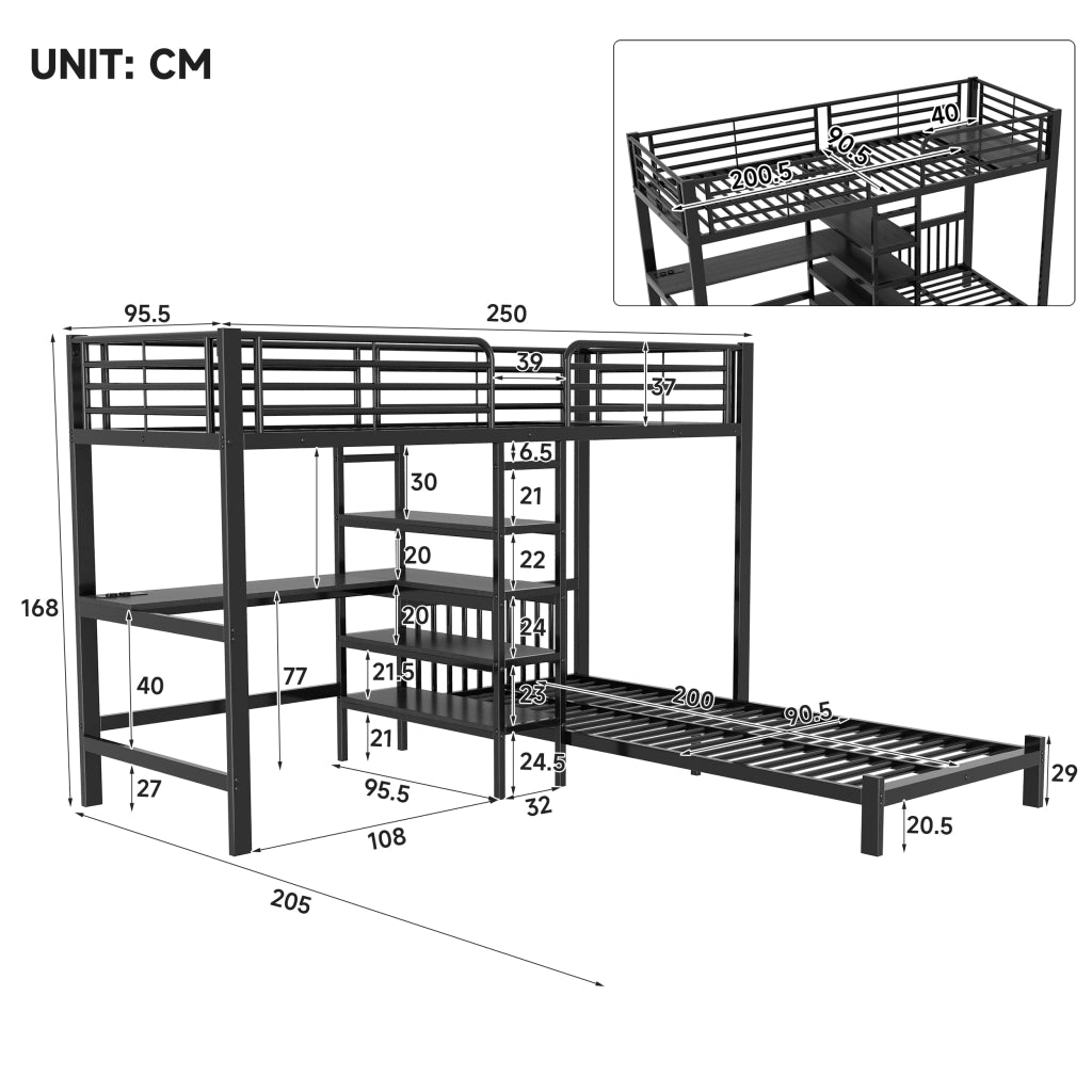letto a castello mdf metallo nero 90 x 200 cm
