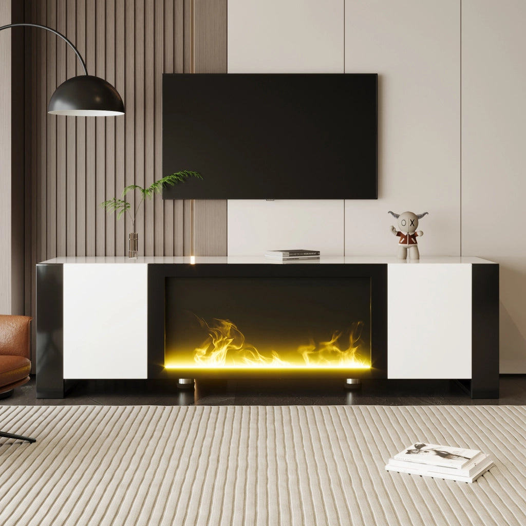 OKWISH Mobile TV con 2 Ante e Ripiani, Camino Elettrico con Effetto Fiamma senza Riscaldamento, per Soggiorno, 165 x 32 x 55 cm