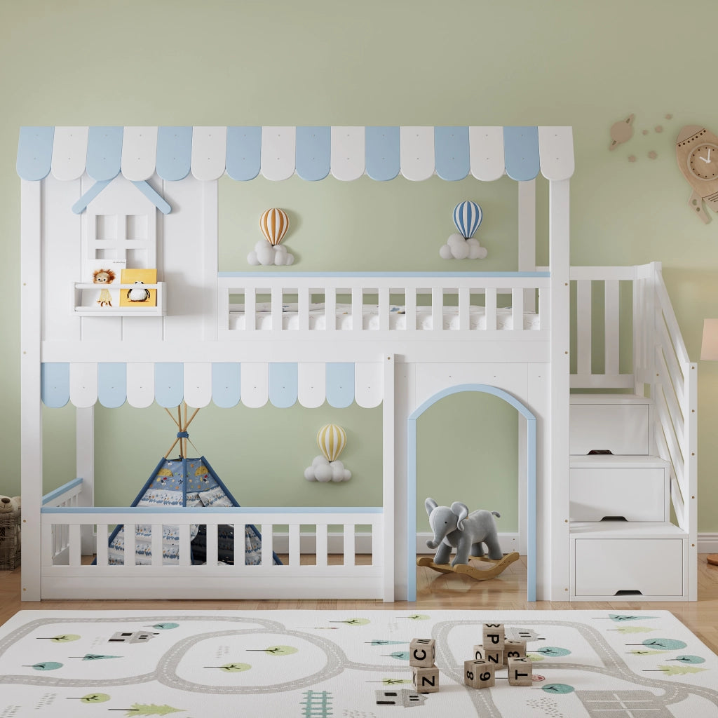 LETTO A CASTELLO per bambini 90x200 cm Bianco+Blu con scala contenitore
