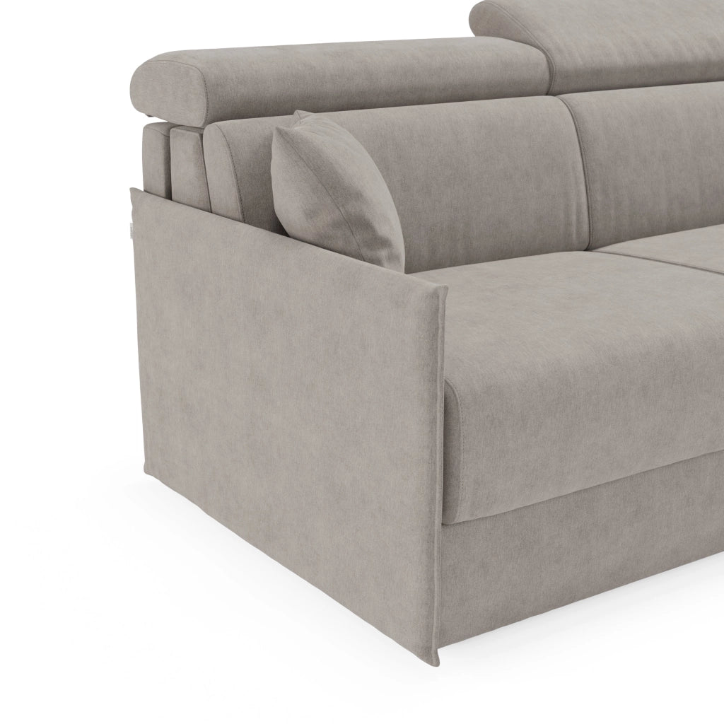 Miryam divano letto angolare compatto - poggiatesta reclinabili e penisola contenitore in tessuto smacchiabile T31 252 cm sinistro grigio perla