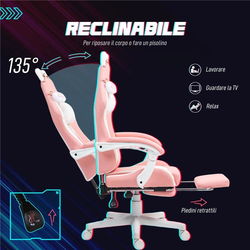 SEDIA DA GAMING ERGONOMICA CON ORECCHIE DA GATTO POGGIAPIEDI SUPPORTO LOMBARE E CERVICALE ROSA