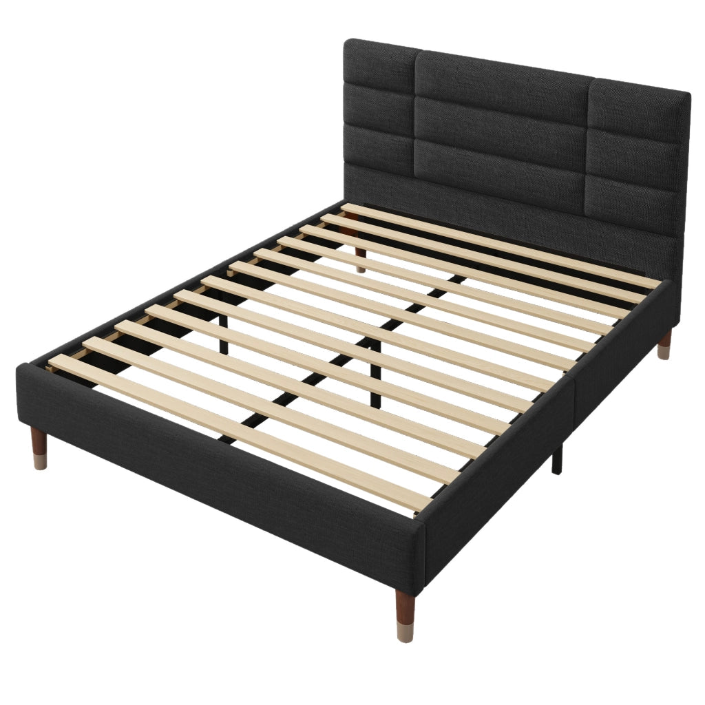Letto imbottito matrimoniale - Zephmum - 140x200cm - Nero lino - Con rete e testiera