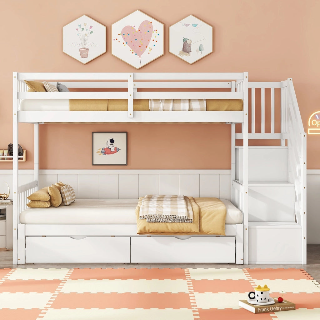 OKWISH Letto a Castello 90×200 cm e 180×200 cm, Letto 3 Posti con Letto Estraibile, 2 Cassetti e Ripiani, senza Materasso, Bianco